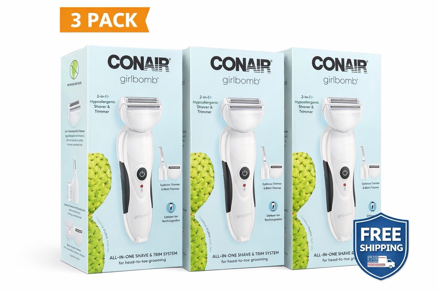 Conair Girlbomb Shaver & Trimmer 2-in-1 Rechargeable 3 Pack