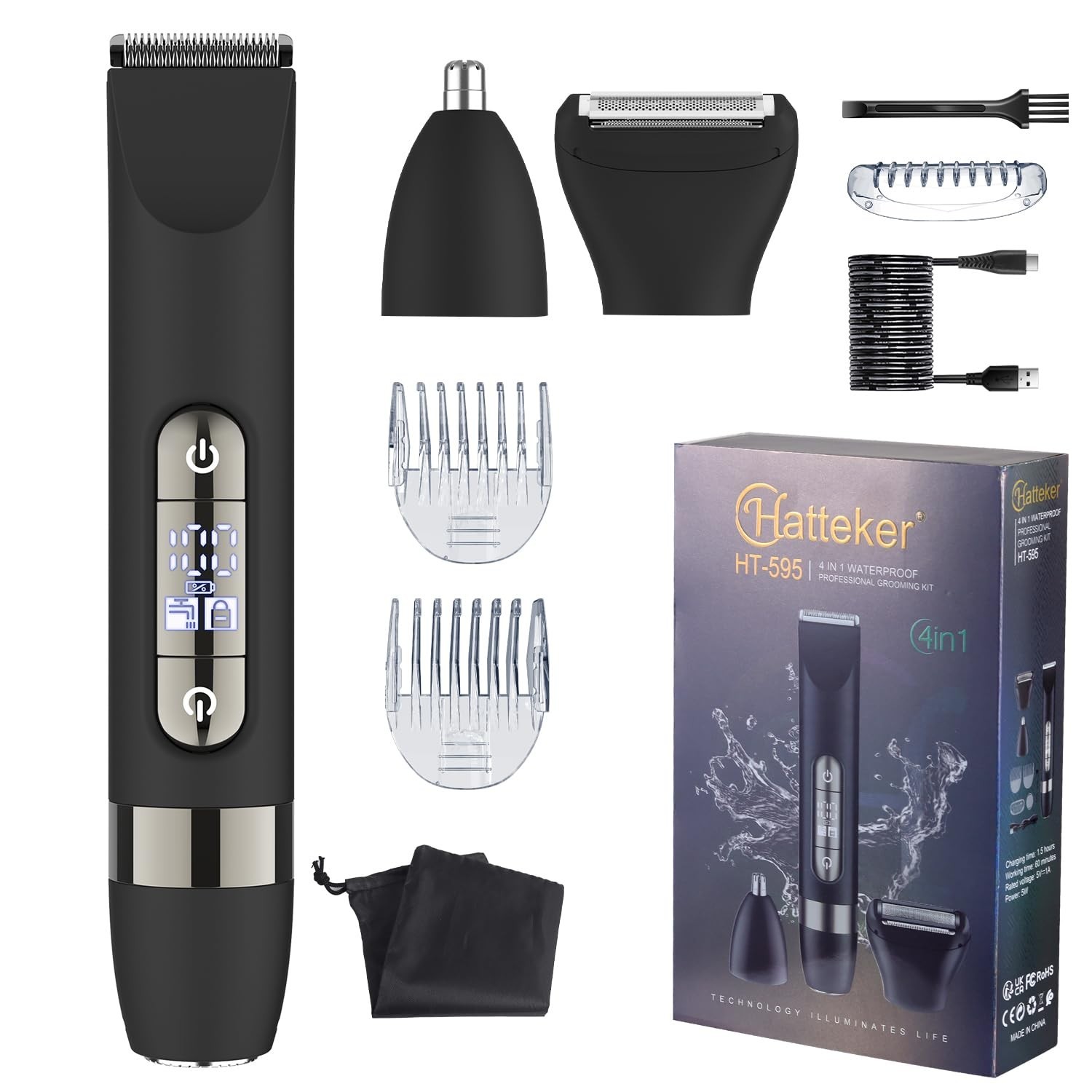 4-in-1 Waterproof Body Hair Trimmer & Groomer for Men, Rechargeable Electric Sha