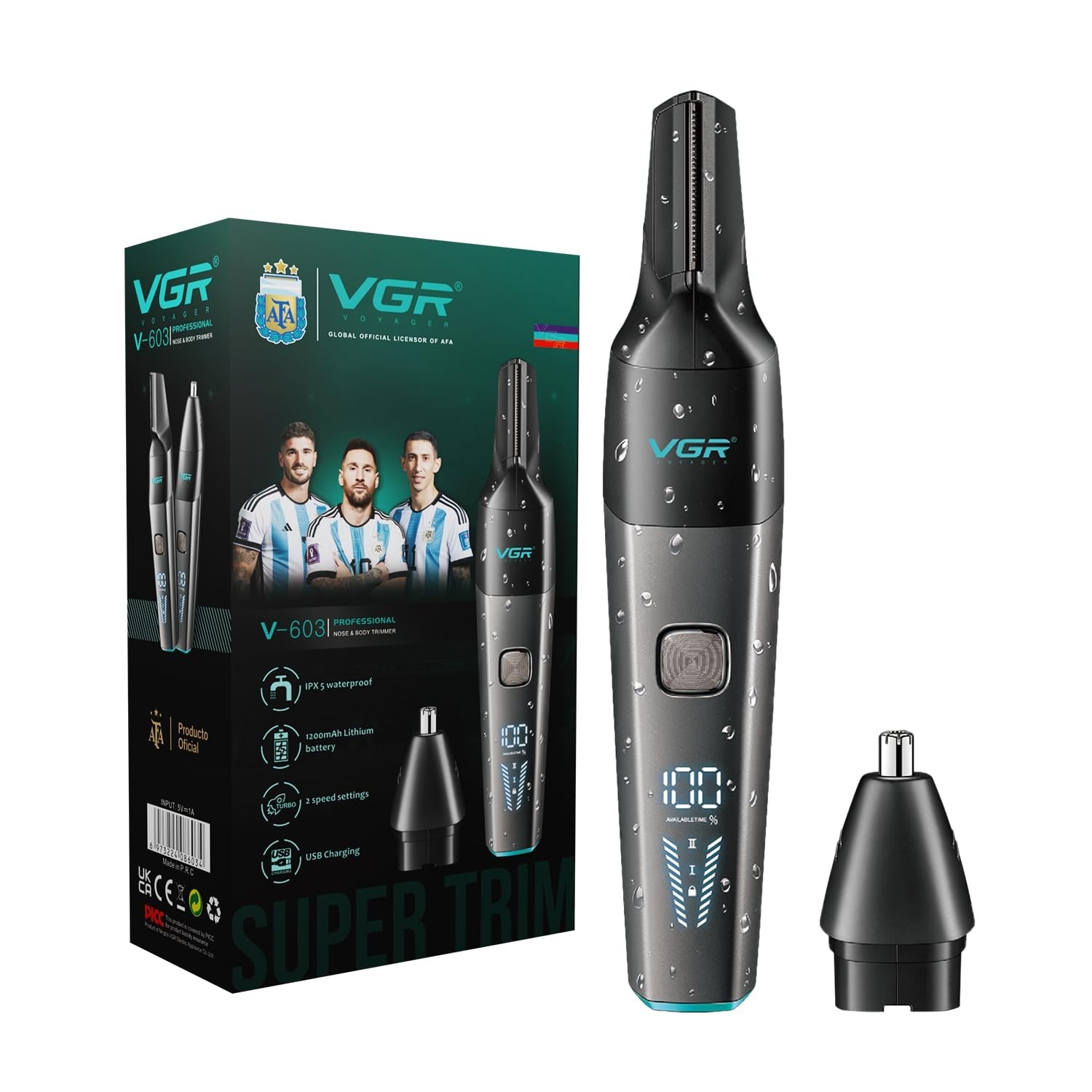 VGR V-603 waterproof trimmer with Type-C charging, LED display, dual-speed