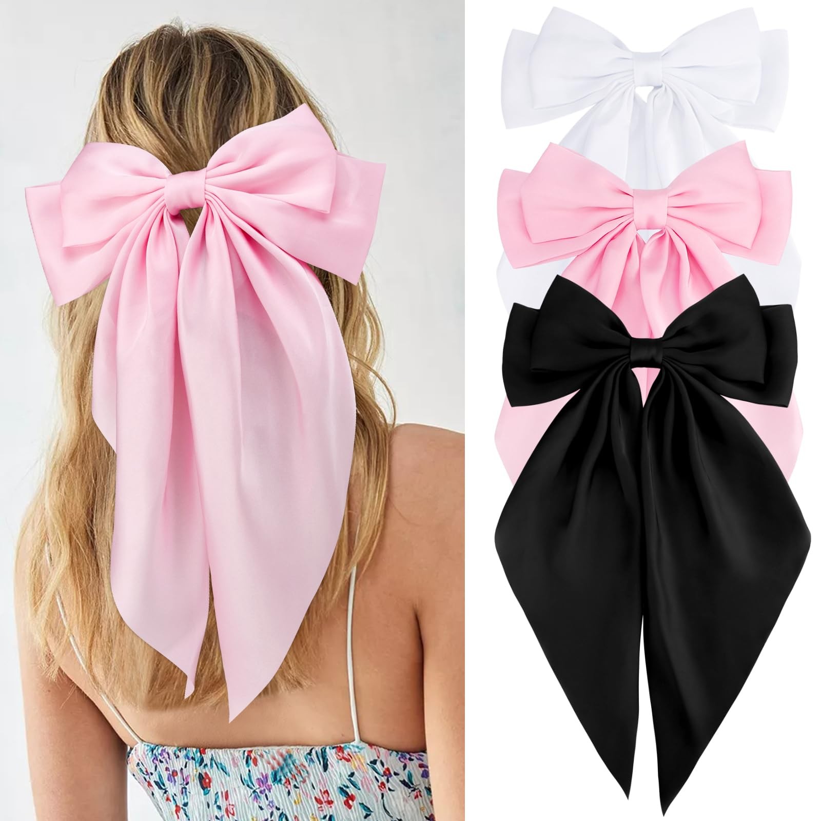 Velscrun Hair Bows for Women Girls 1 Count (Pack of 3), Black, white, pink