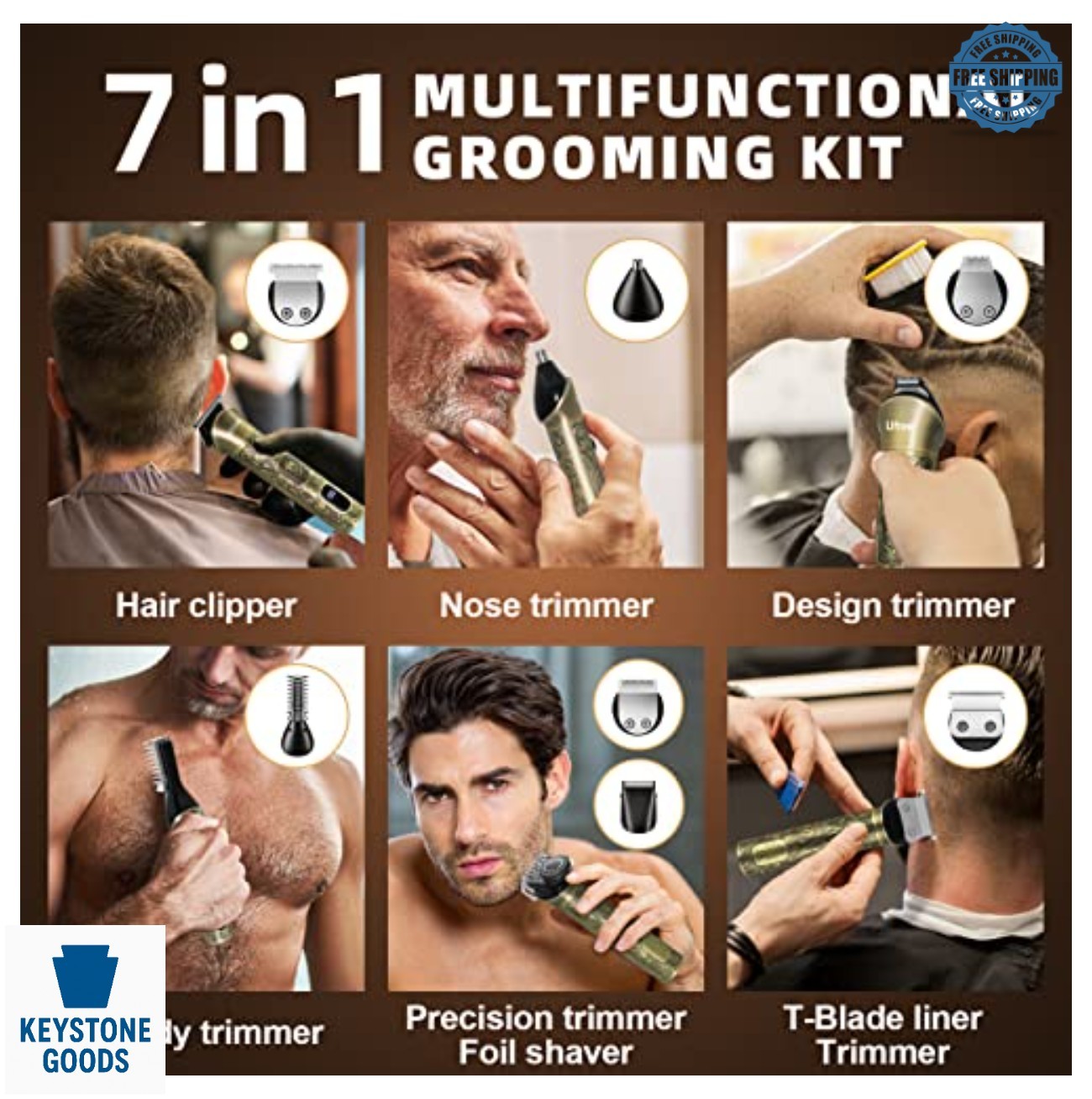 Beard Trimmer Men Grooming Kit Electric Shaver 7 Heads 10 Combs Titanium Blades
