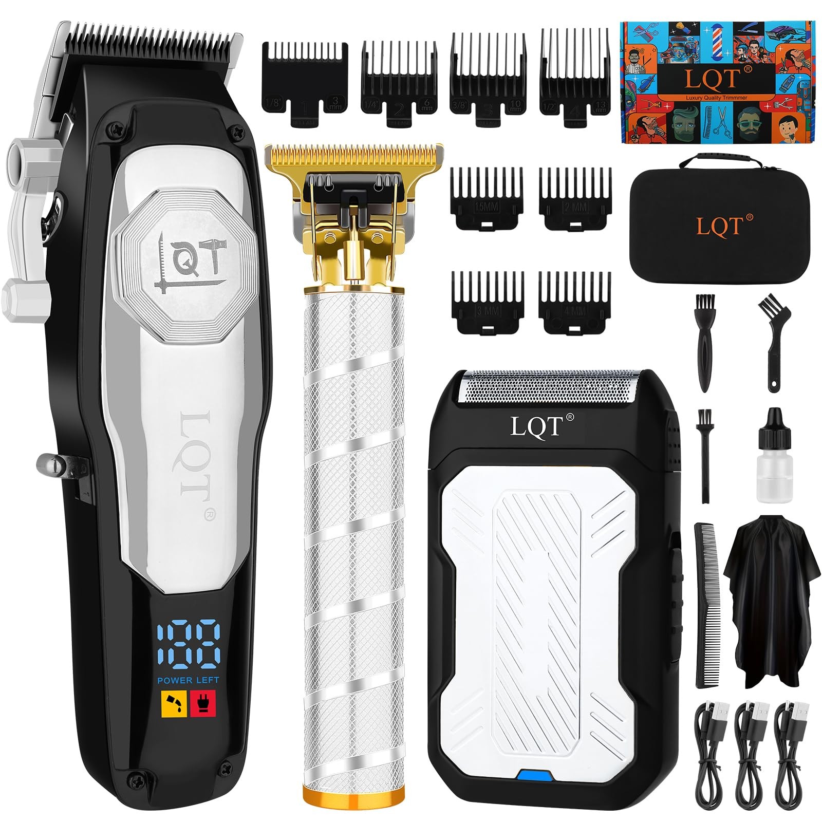 LQT Professional Cordless Hair Clippers and Beard Trimmer Set for Men, Silver