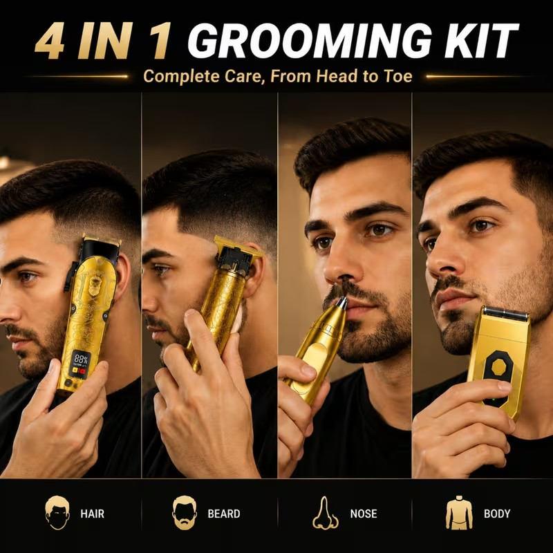 4in1 Professional Gold Barber Hair Clipper T-Blade Trimmer Foil Shaver Nose Kit
