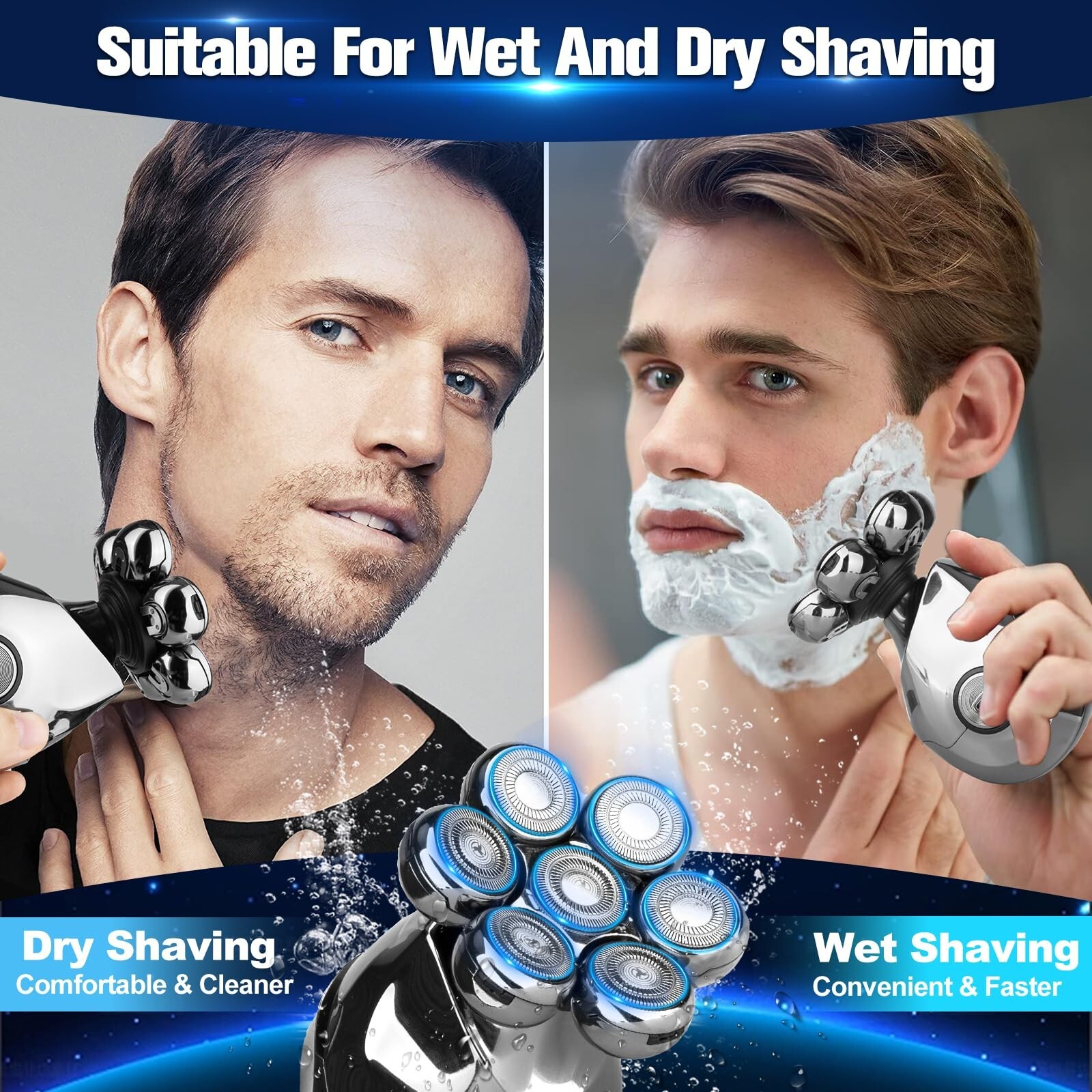 7D Cordless Shaver Hair Trimmer Men’s 5-in-1 Electric Head Shaver Razor Men Wet