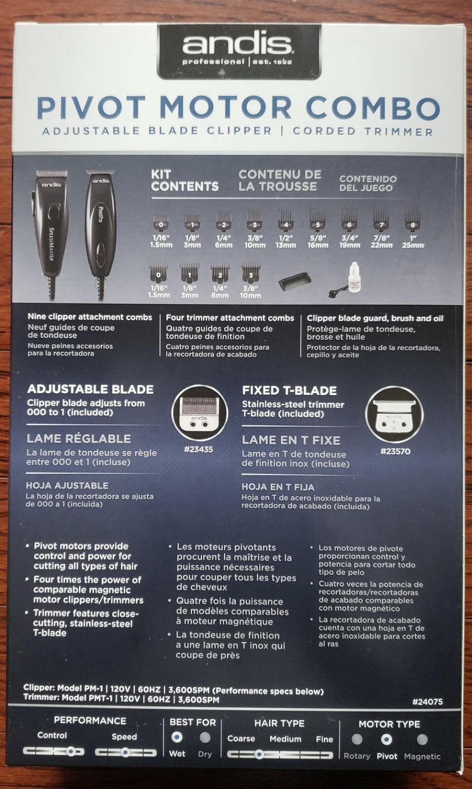 Andis Pivot Motor Clipper & Trimmer Combo and Guides w/Blade Brush