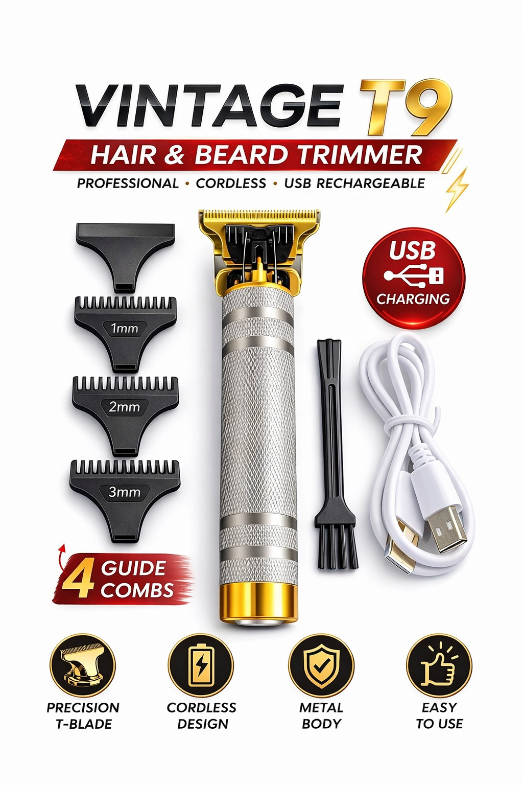 Vintage T9 Barbeador Gold Silver Beard Hair Trimmer Cutter Machine for Men