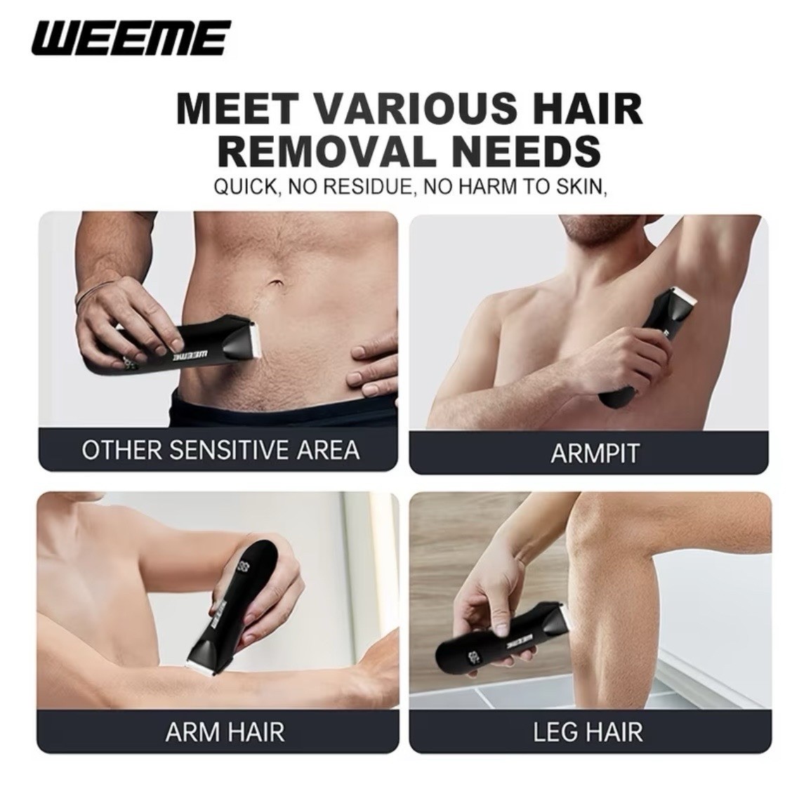 WEEME Body Trimmer USB Rechargeable LED Light Stainless Blade Digital, 4 Guards