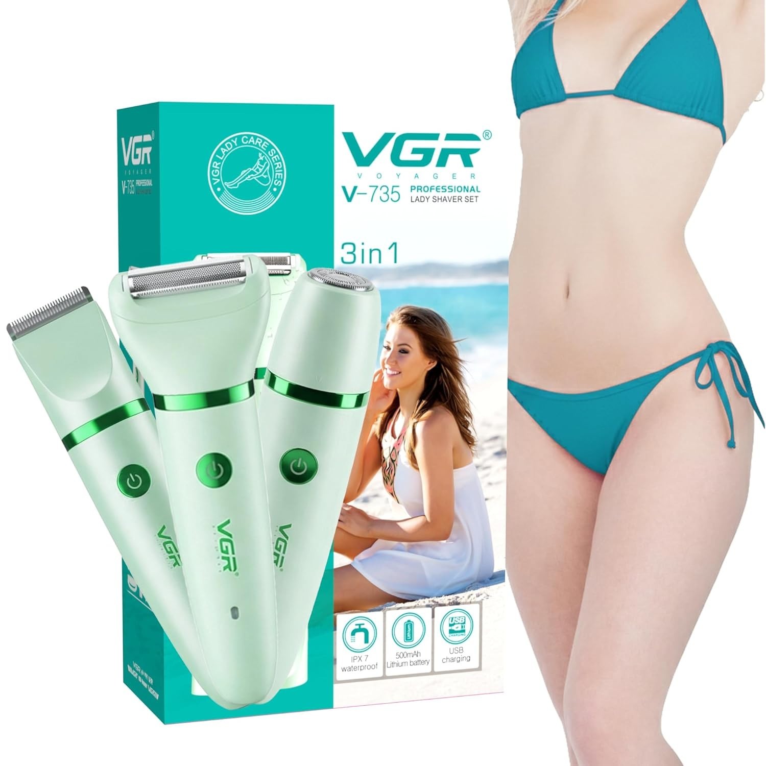 VGR V-735 3-in-1 Lady Shaver Waterproof USB-C Rechargeable Trimmer Green