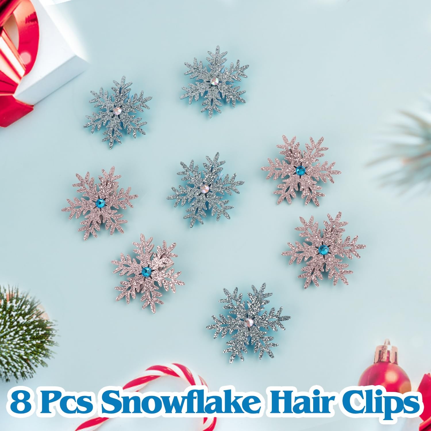 Atoden Sparkly Snowflake Hair Clips Barrettes 8Pcs Christmas Blue, Silver