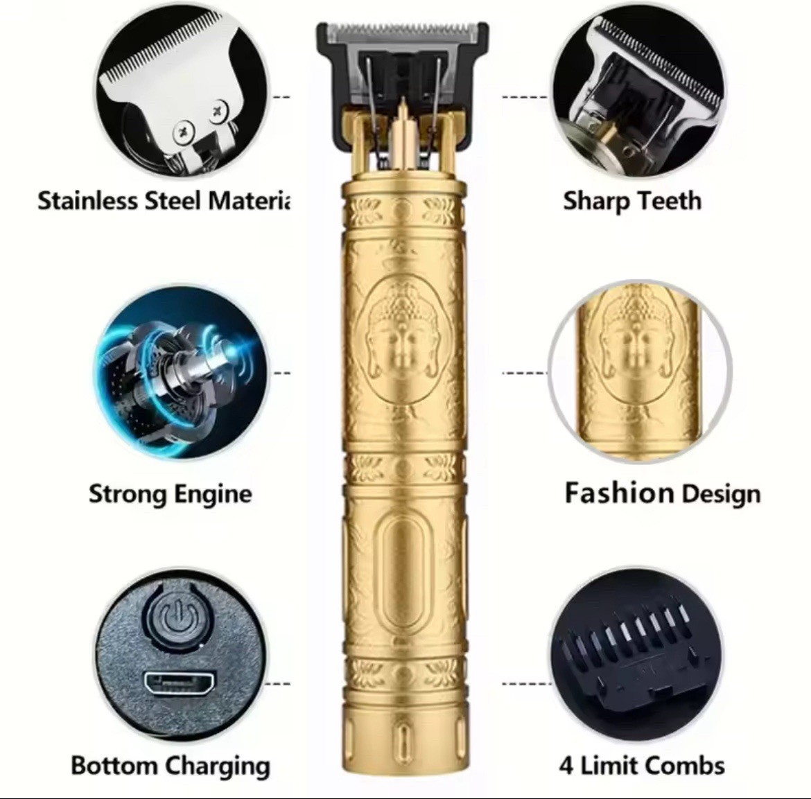 Cordless USB Rechargeable T-Blade Trimmer Hair/Beard Gold Display 1.5-4mm