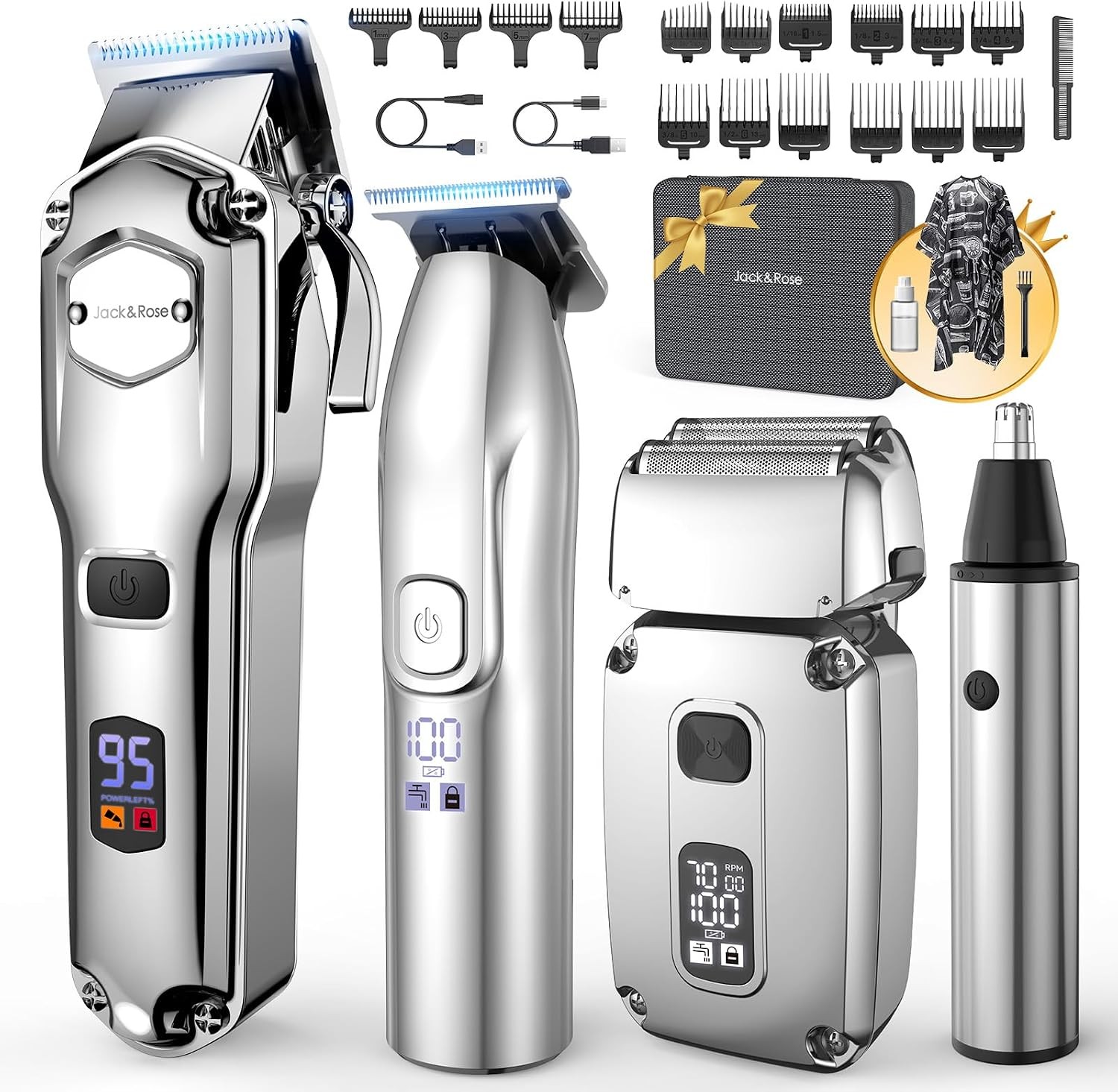 Jack & Rose 4-in-1 Pro Hair Clipper Set for Men, Cordless, LED Display