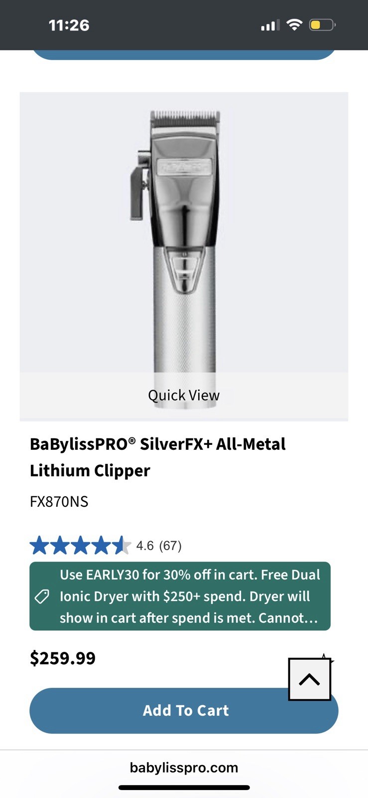 BaByliss Pro SilverFX+ Metal Lithium Clipper FX870NS