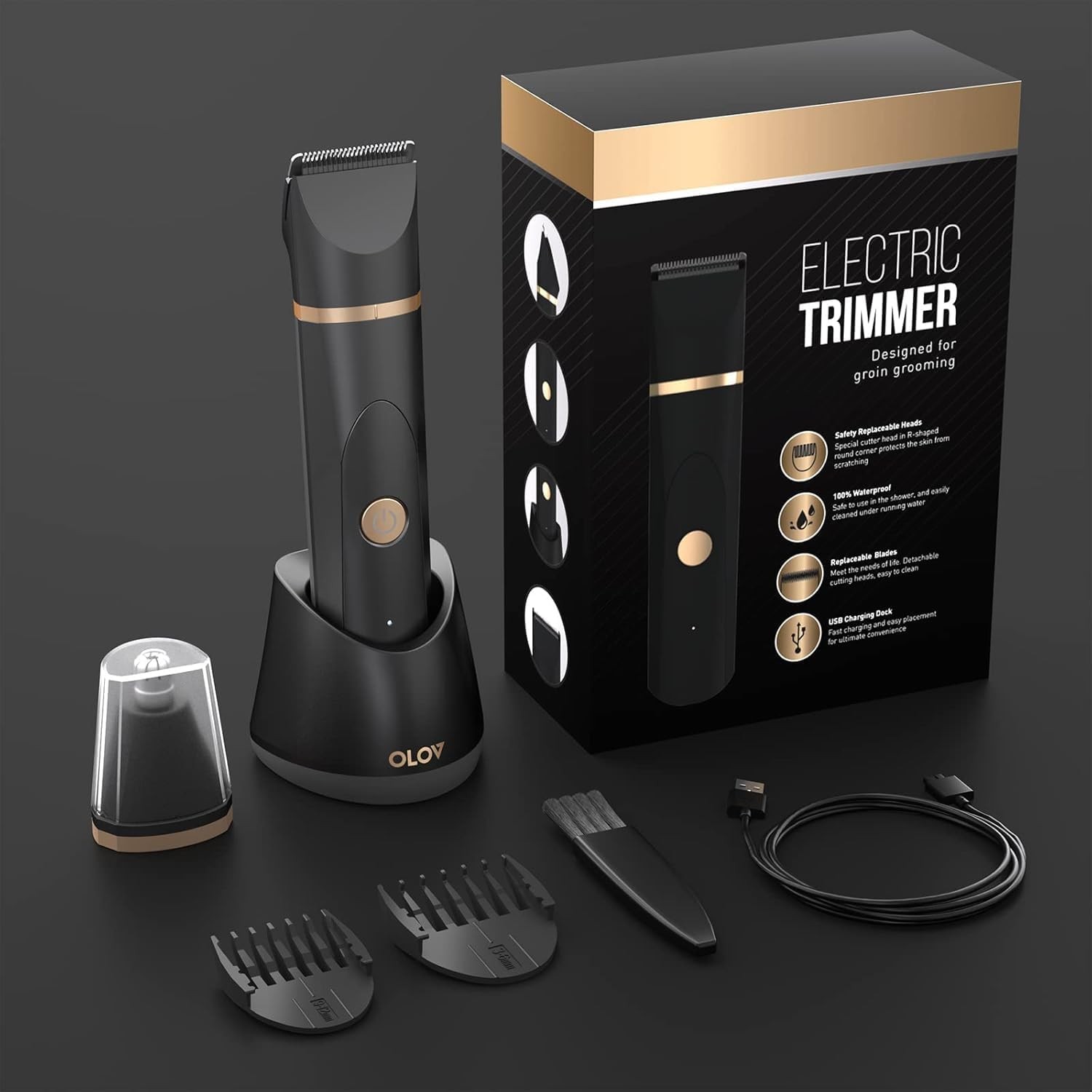 OLOV Electric Body Hair Trimmer Groin Bikini Razor Ceramic Blade USB Dock Black