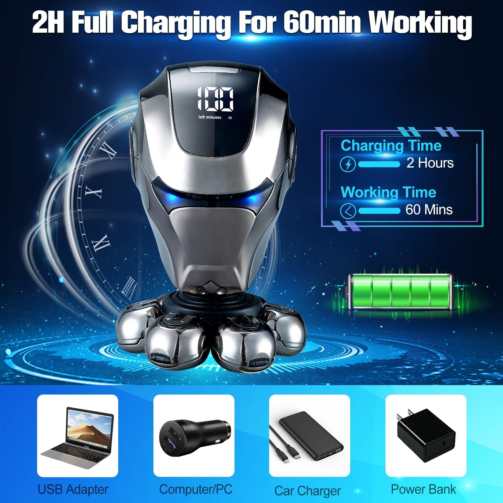 7D Cordless Shaver Hair Trimmer Men’s 5-in-1 Electric Head Shaver Razor Men Wet