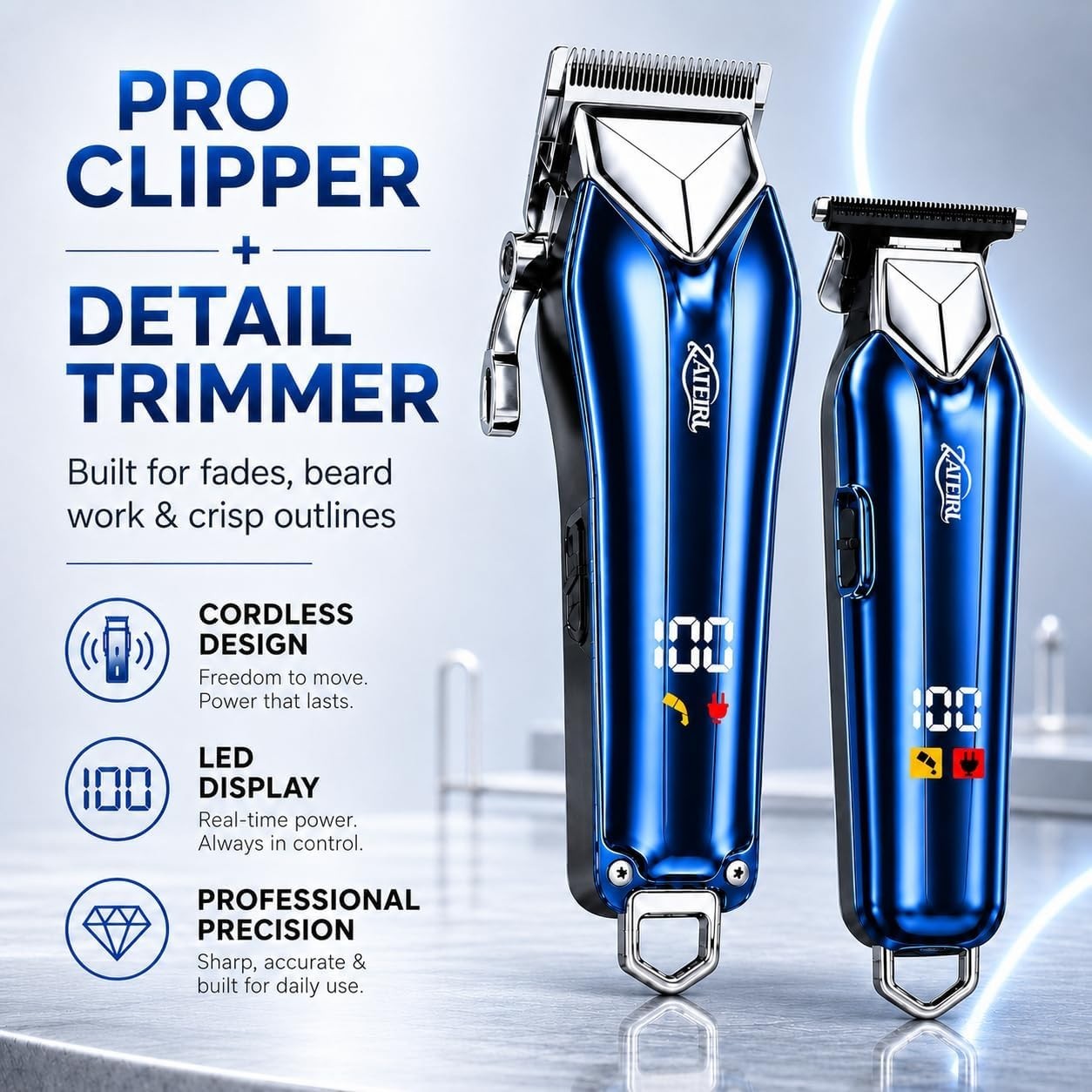 Cordless Hair Clipper & T Blade Trimmer Set Hair Cutting Grooming Kit Blue USB