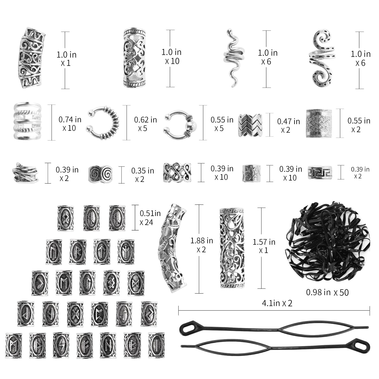 152PCS Vikings Hair Jewelry Norse Runes Tube 8.5 x 0.62 x 4.8 inches, Silver