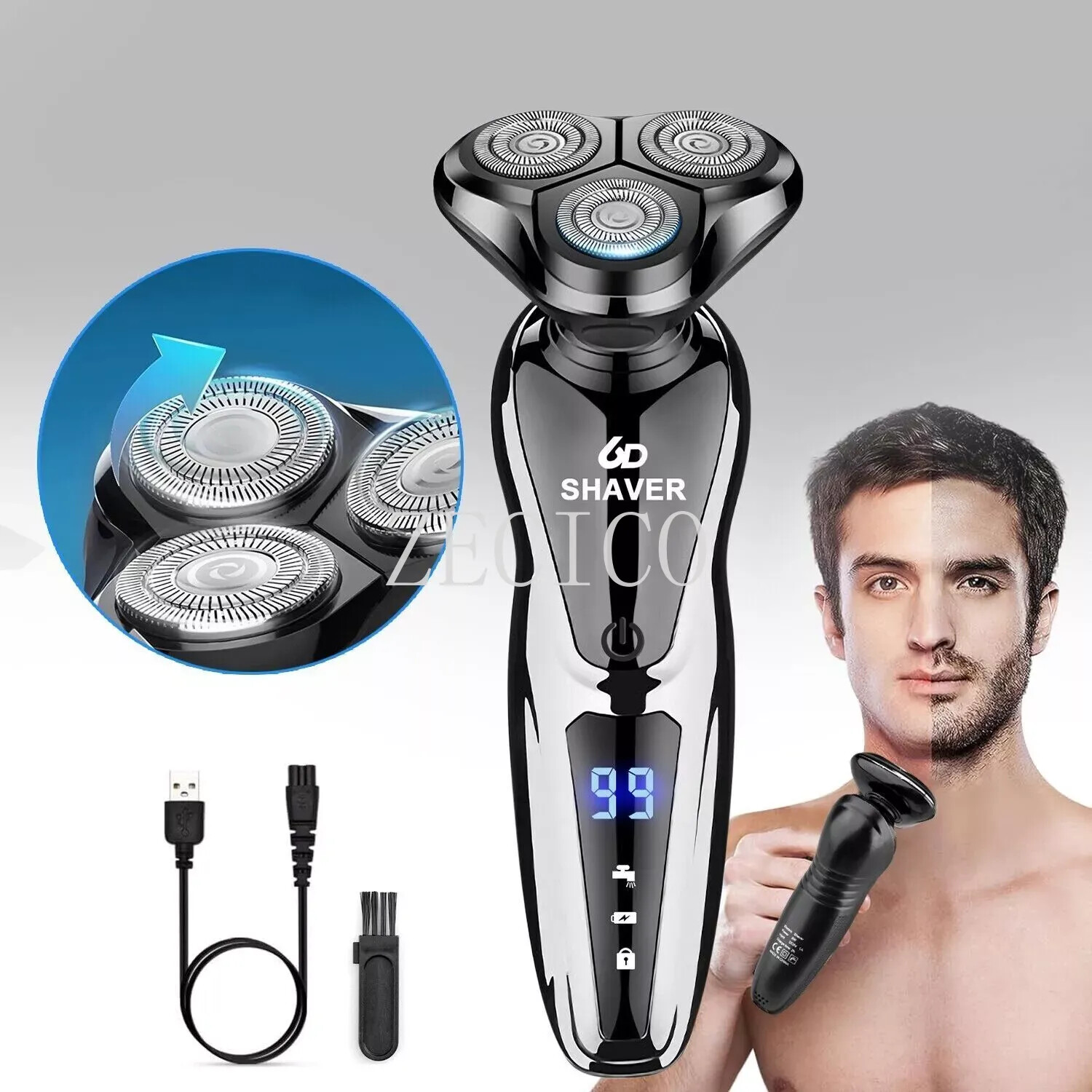 Men’s Electric Shaver 3D Electric Shavers for Male IPX7 Rotary Cordless Wet/Dry