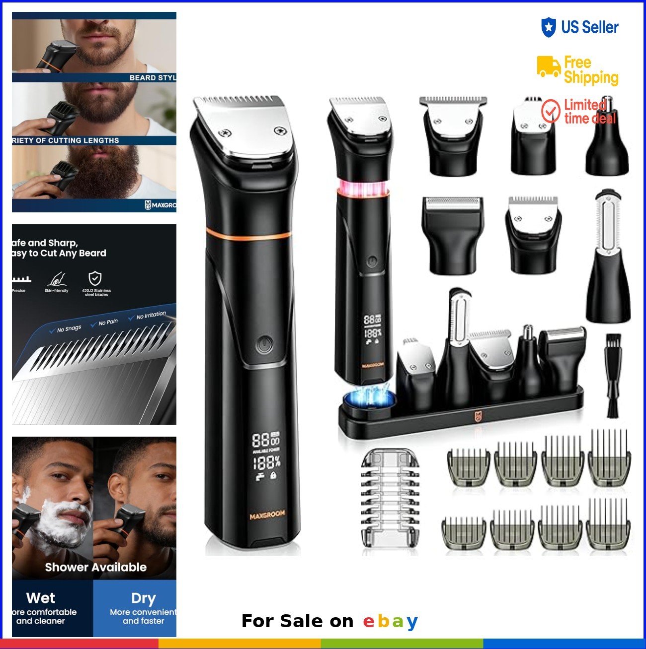 Beard Trimmer All-in-One Grooming Kit Waterproof USB Recharge LED Display Men