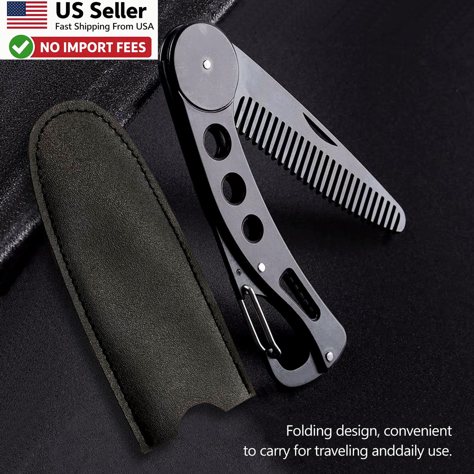 Stainless Steel Folding Beard Comb Portable Anti Static w Leather Case FROM USA