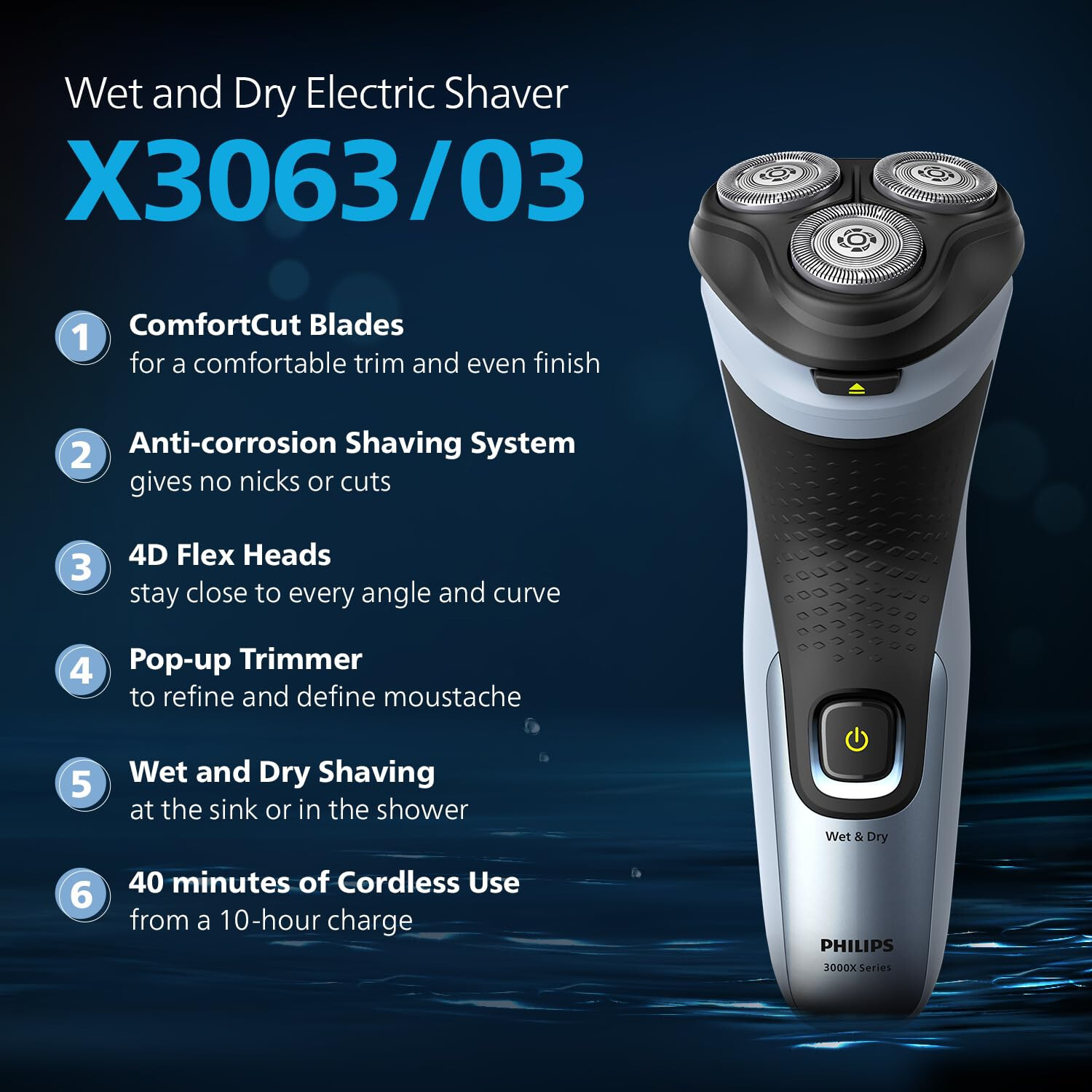 Philips Electric Shaver for Men, Waterproof, X3063/03, Battery