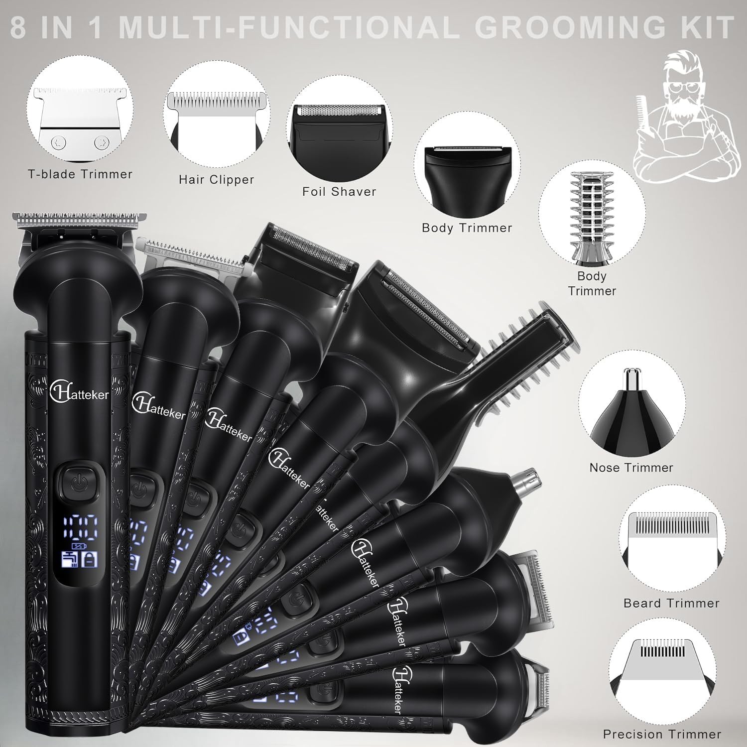 Hatteker 8-in-1 Multi-Functional Grooming Kit for Men Beard Trimmer for Gray
