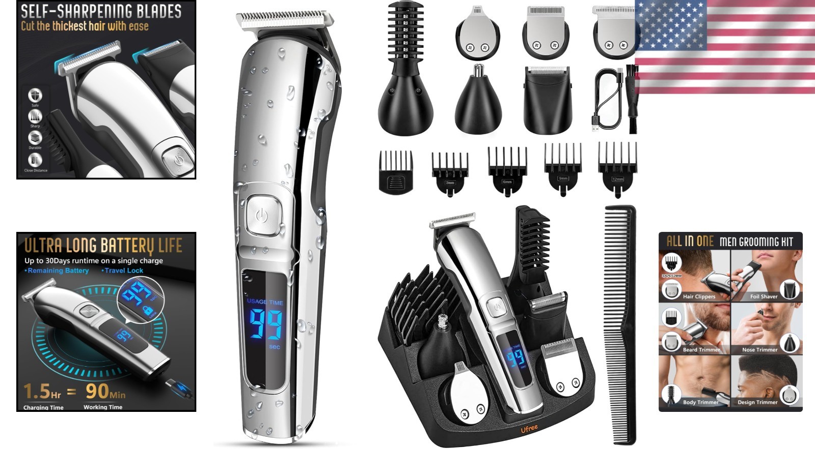 Waterproof Electric Beard Trimmer: All-in-One Grooming Kit with USB Rechargea…