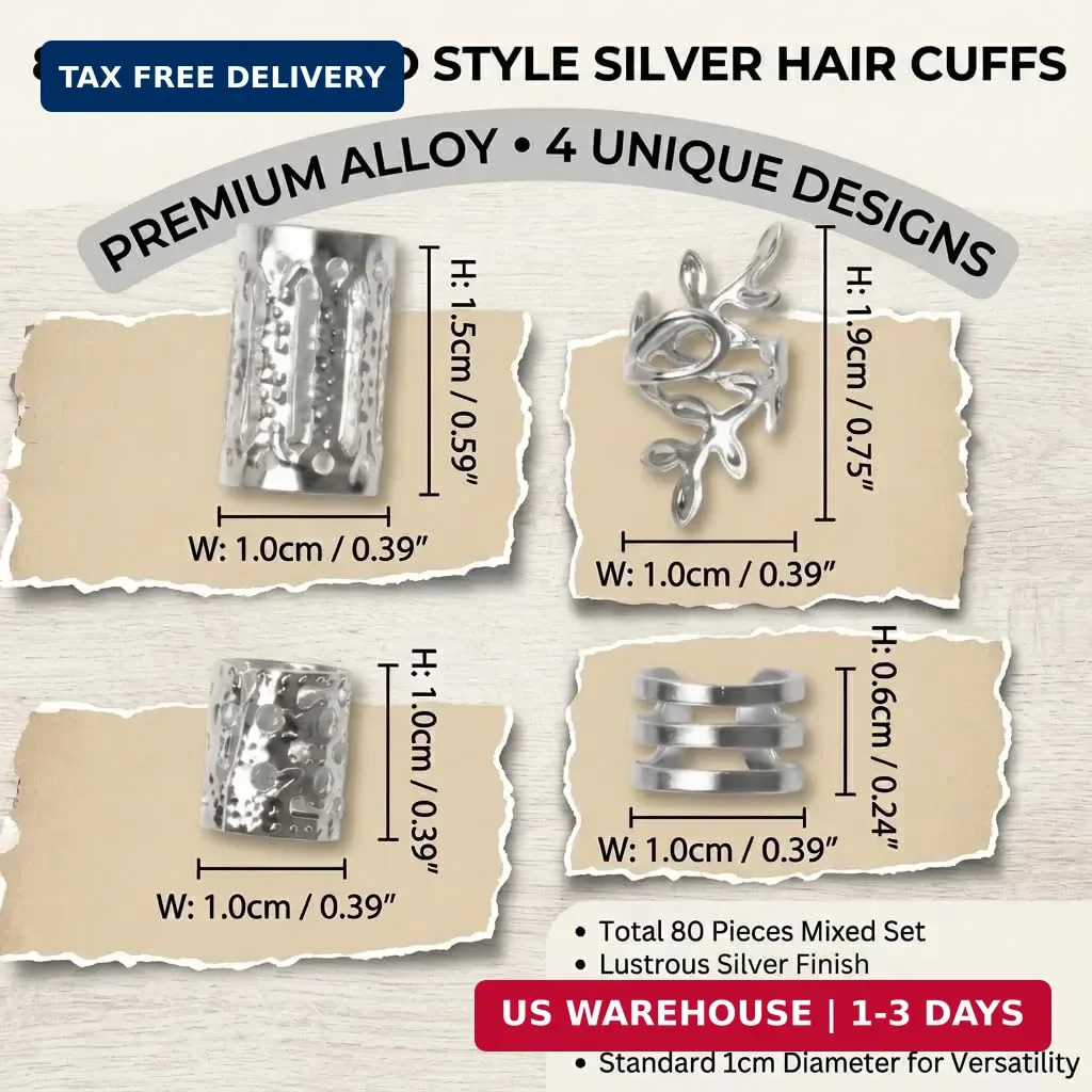 80PCS Silver Hair Jewelry for Dreadlock Braids, Hair Charms Accessories | 80Pcs