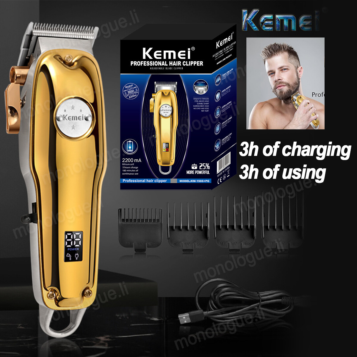 All metal Barber Professional Hair Clipper Electric Cordless LCD Trimmer Silver