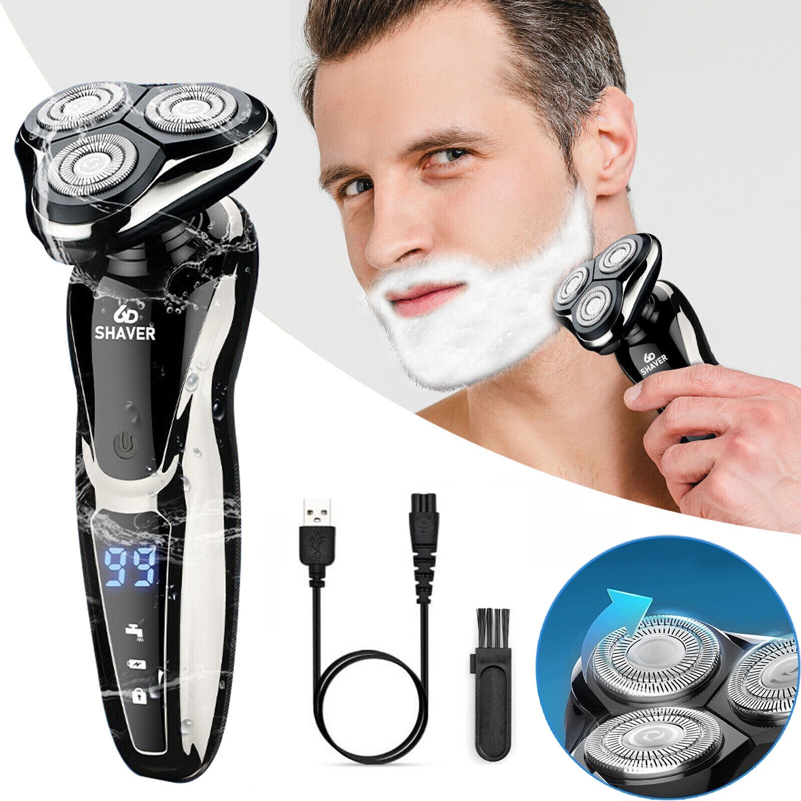 4D Rotary Electric Shaver Rechargeable Bald Head Shaver Beard Trimmer Wet & Dry