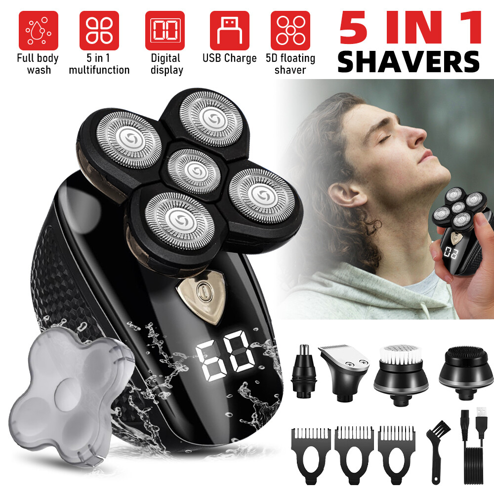 5 IN 1 5D Rotary Electric Shaver Rechargeable Bald Head Shaver Beard Trimmer men