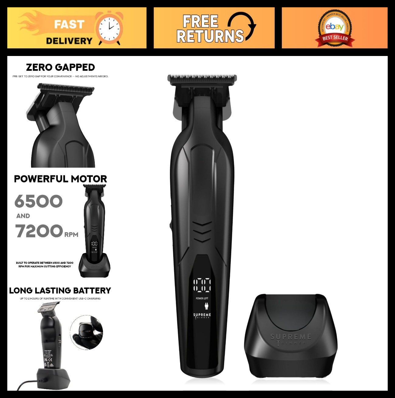 Professional Cordless Barber Trimmer – Ultra Sharp Zero Gap T-Blade, 7000 RPM, F