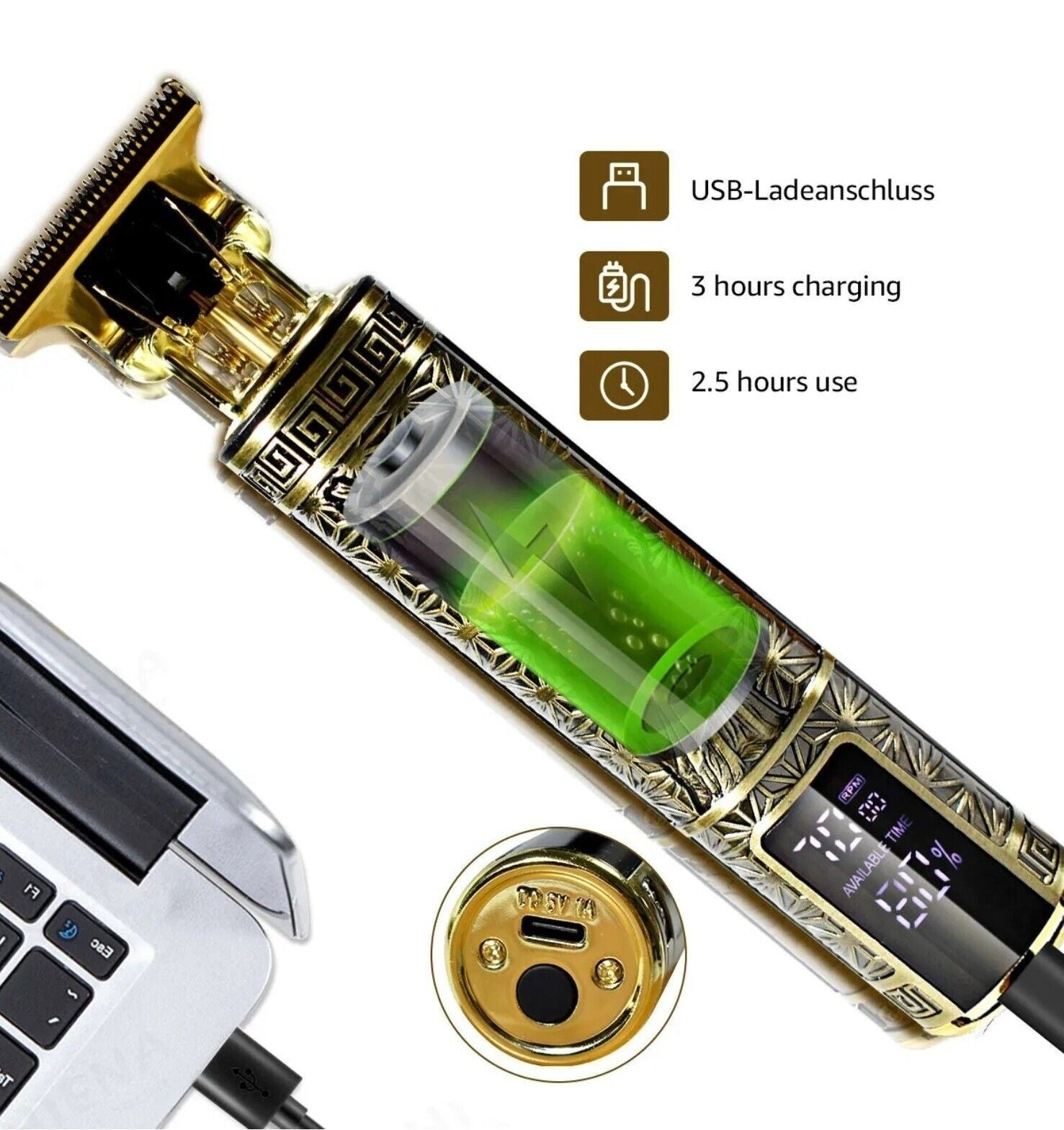 Gold T-Blade Trimmer Cordless USB Rechargeable LCD, 1-3mm, 15cm
