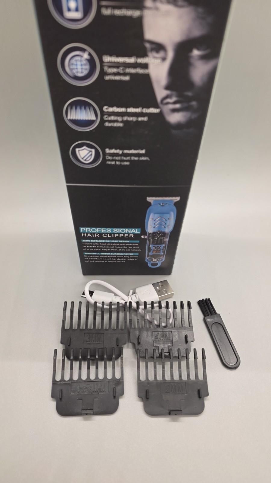 Rechargeable Electric Mens Hair Clippers With Attachments & USB-C Charging Cord.