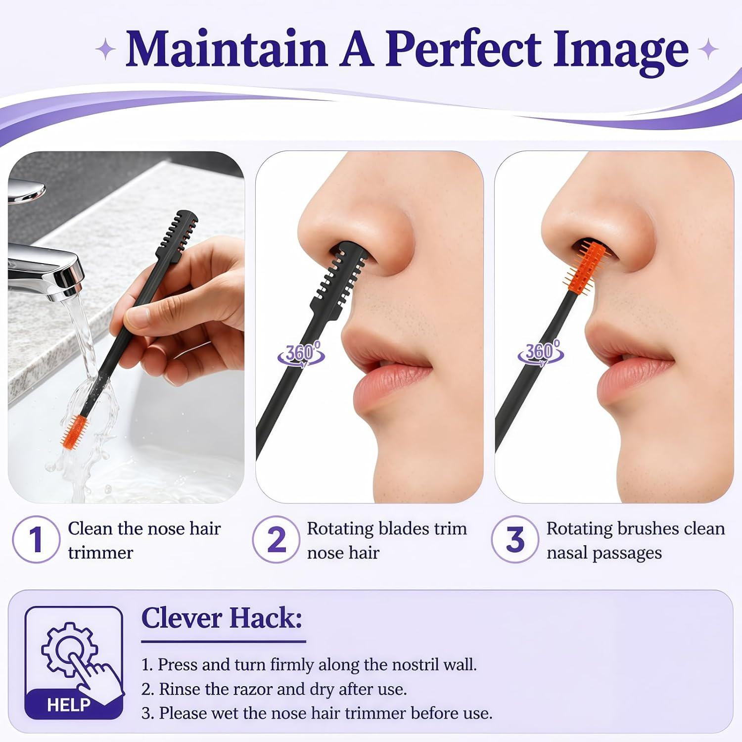 2026 Upgraded 2-In-1 Nasal Hair Cutter, 360° Rotating Double-Sided Blade, Washab