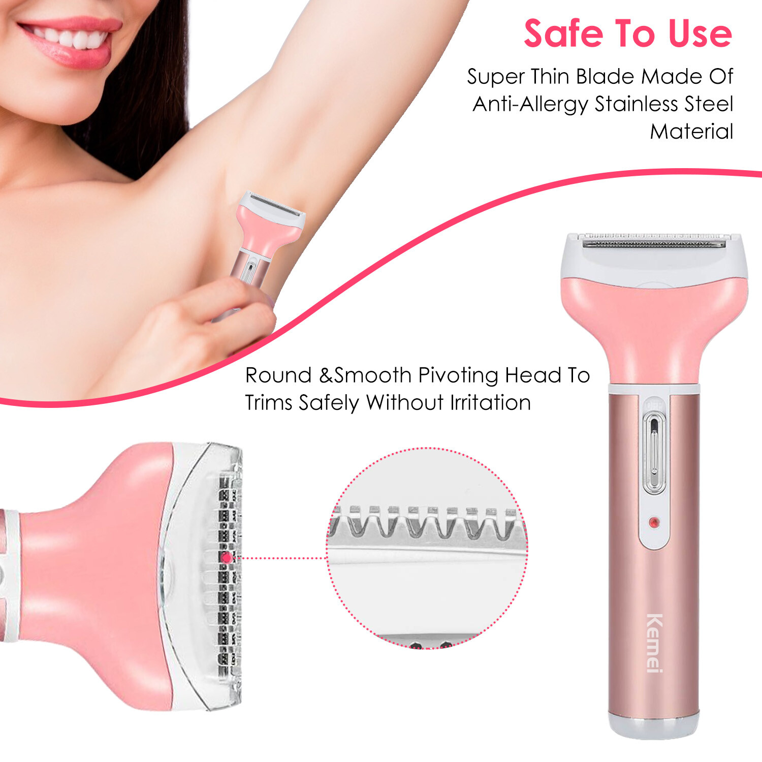 Kemei 4in1 Electric Epilator Women Personal Bikini Shaver Nose Leg Hairs Trimmer