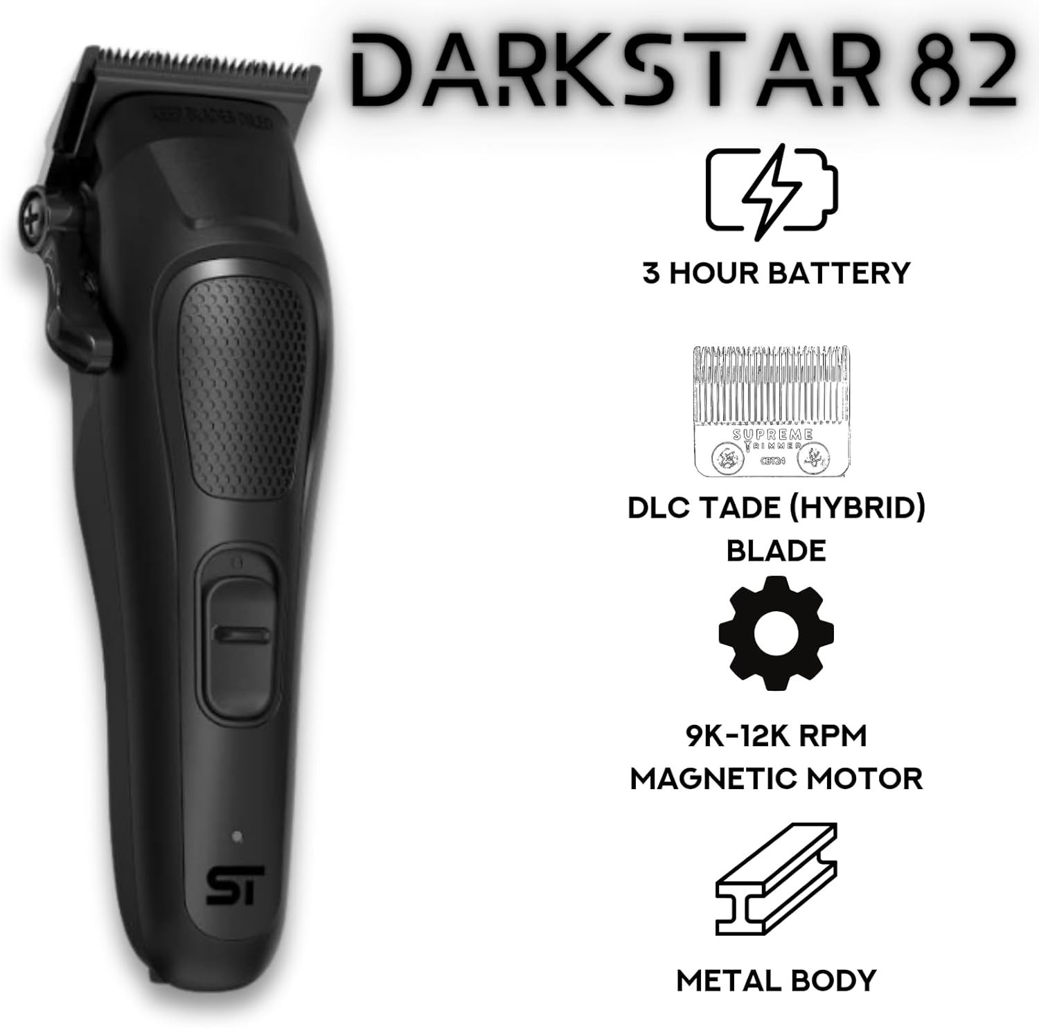 Supreme Trimmer Darkstar82 STC82 Metal Body Professional Hair Clipper | Black