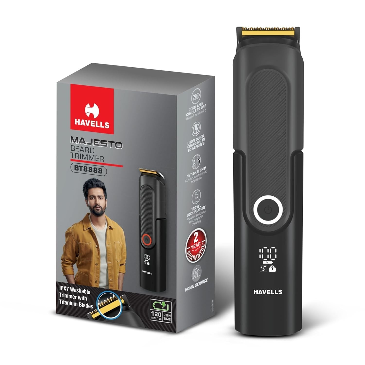 Havells Majesto BT8888 Trimmer, Titanium Blade, IPX7, 120 Min Runtime, LED