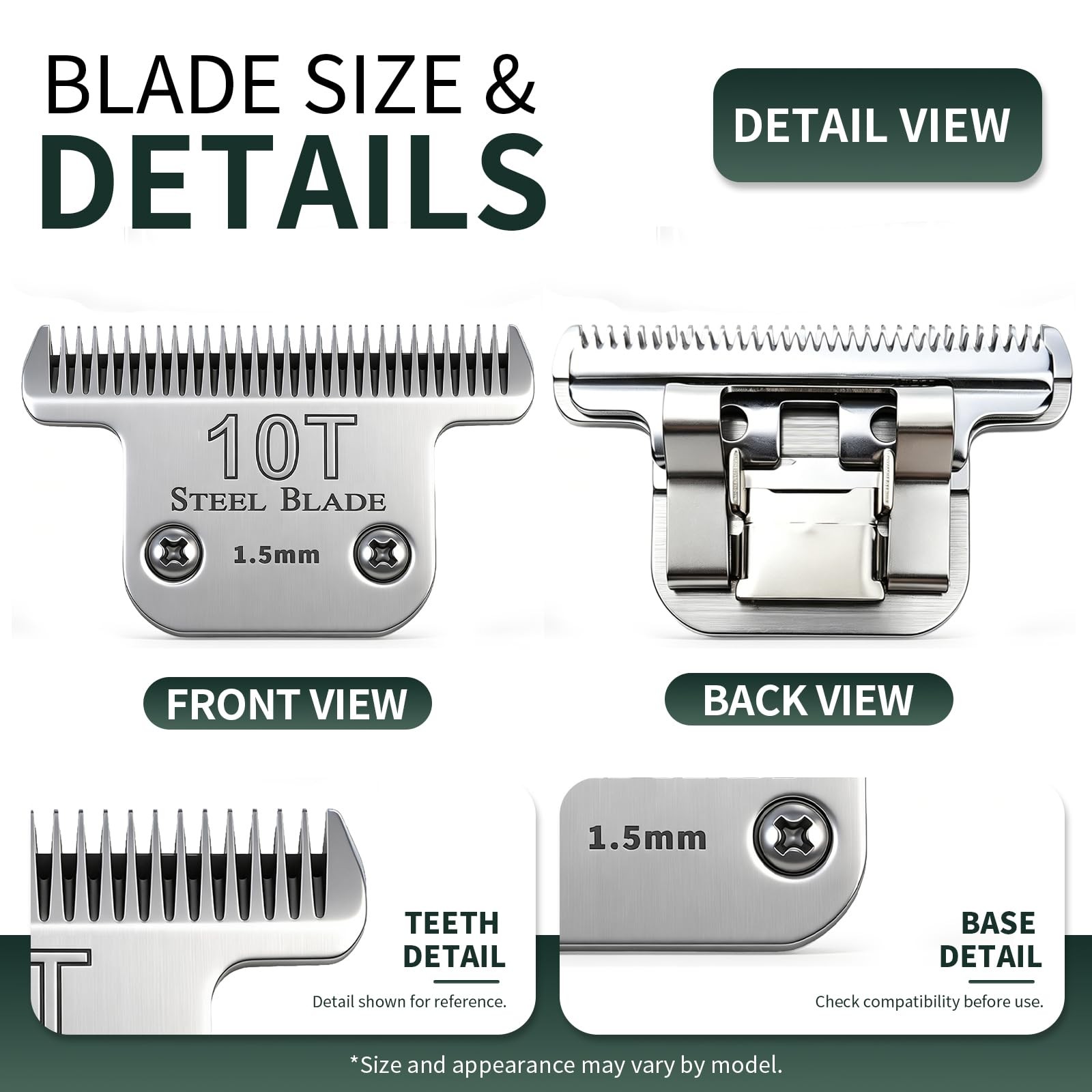 10T Clipper Blade 1.5mm Compatible with Oster Classic 76, Silver, 1 Pack