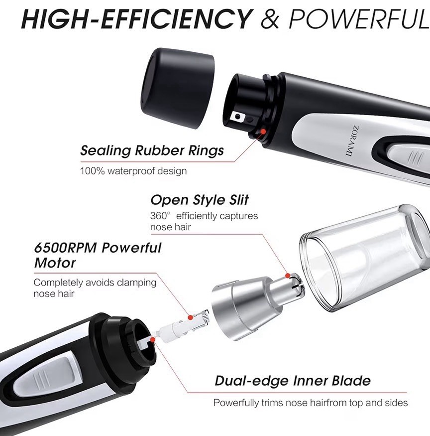 Zorami Waterproof Cordless Nose Ear Hair Trimmer Washable Removable Cutter Head