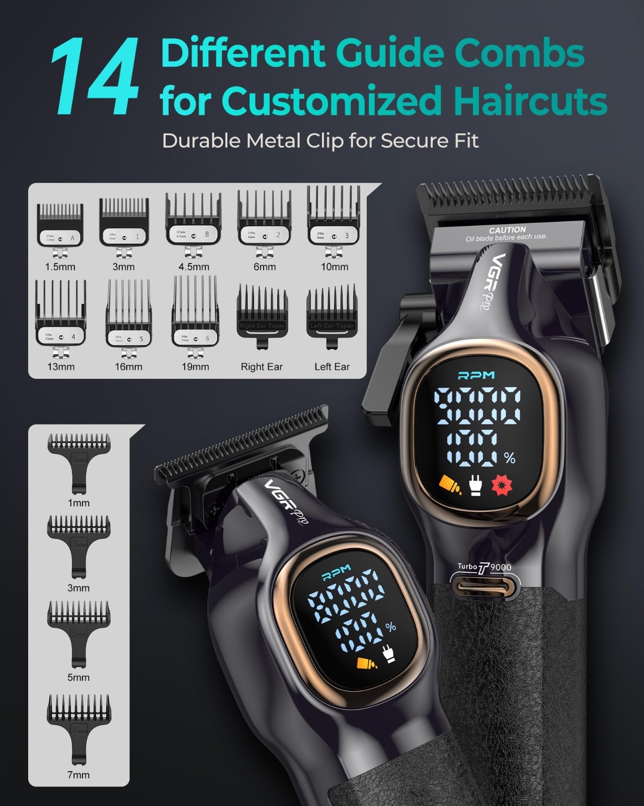 Professional Hair Clippers Set for Men, Cordless Barber Trimmer, 9000 RPM Rechar