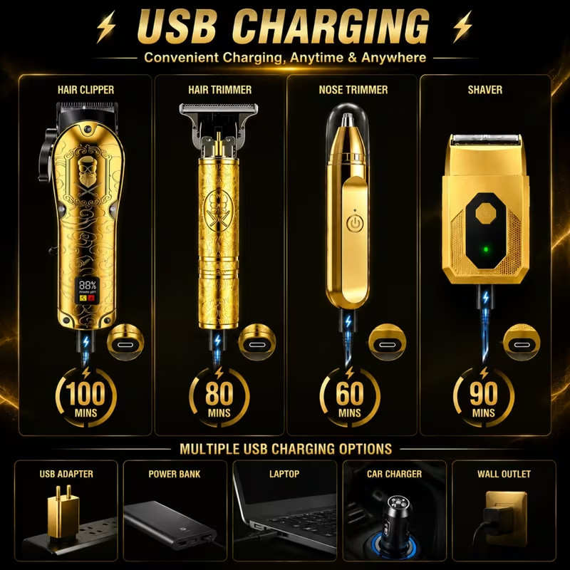 4in1 Professional Gold Barber Hair Clipper T-Blade Trimmer Foil Shaver Nose Kit