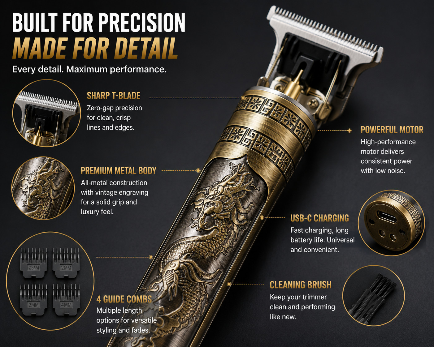 Vintage T9 Dragon Hair Trimmer Cordless T-Blade Beard Clipper USB Rechargeable
