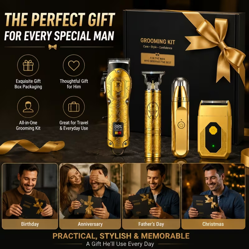 4in1 Professional Gold Barber Hair Clipper T-Blade Trimmer Foil Shaver Nose Kit