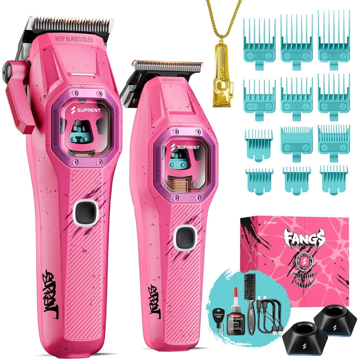 Hair Clipper Trimmer Set 13000 RPM Professional Barber Kit Pink SUPRENT Fangs