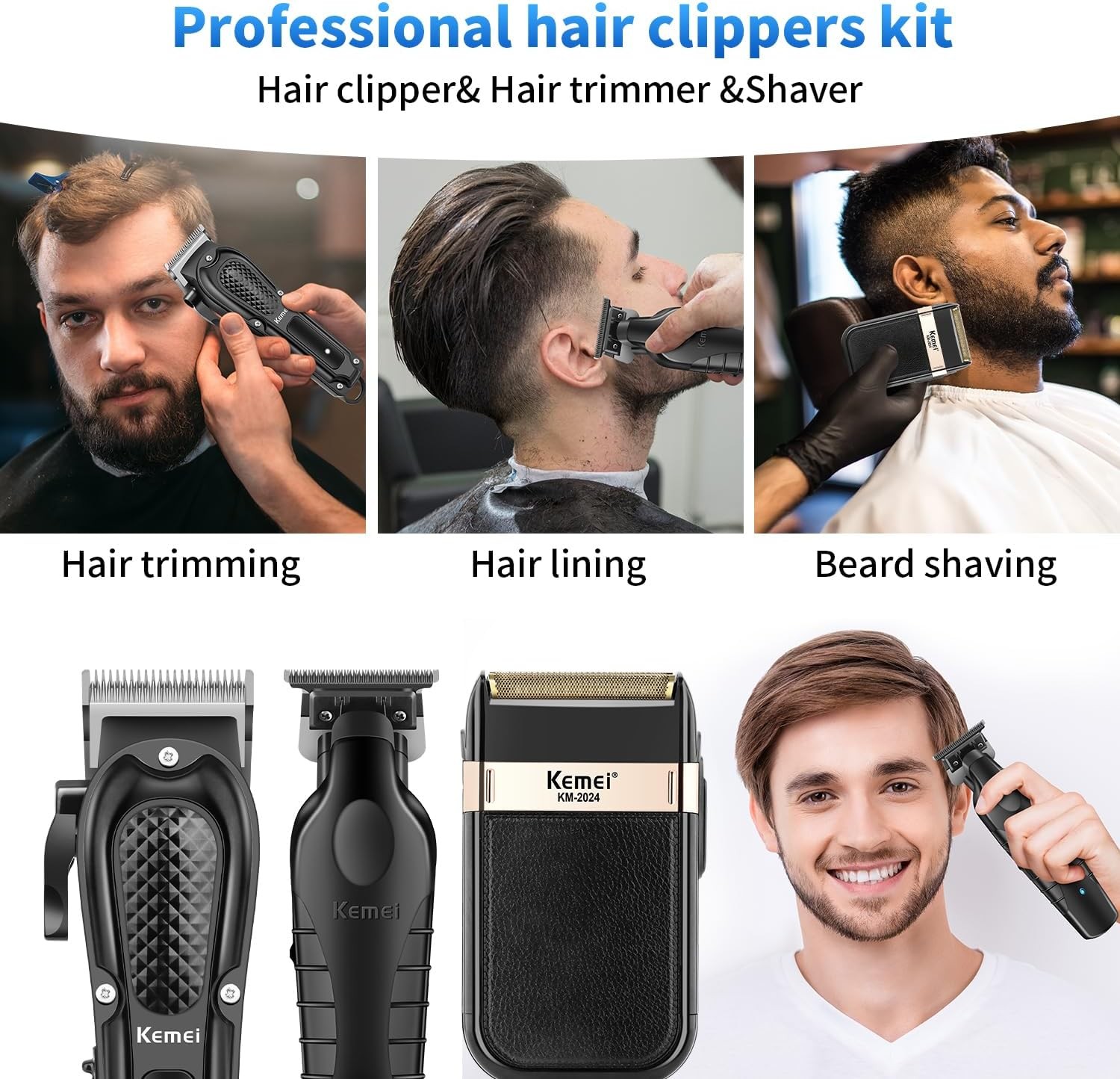 KEMEI Professional Hair Clippers for Men, Cordless Barber Trimmer Rechargeable