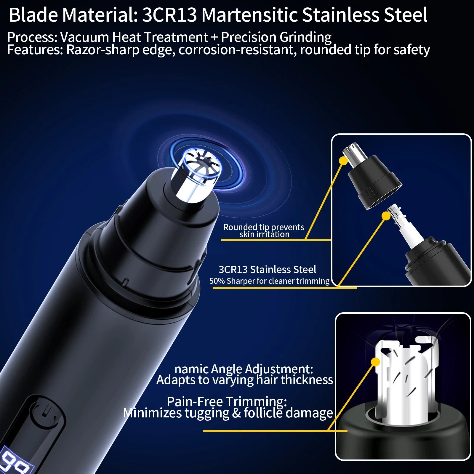Ear and Nose Hair Trimmer with LED indicator USB Rechargeable Water Resistant