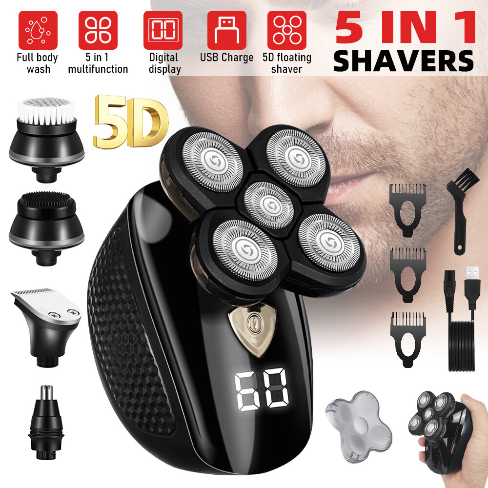5 IN 1 5D Rotary Electric Shaver Rechargeable Bald Head Shaver Beard Trimmer men