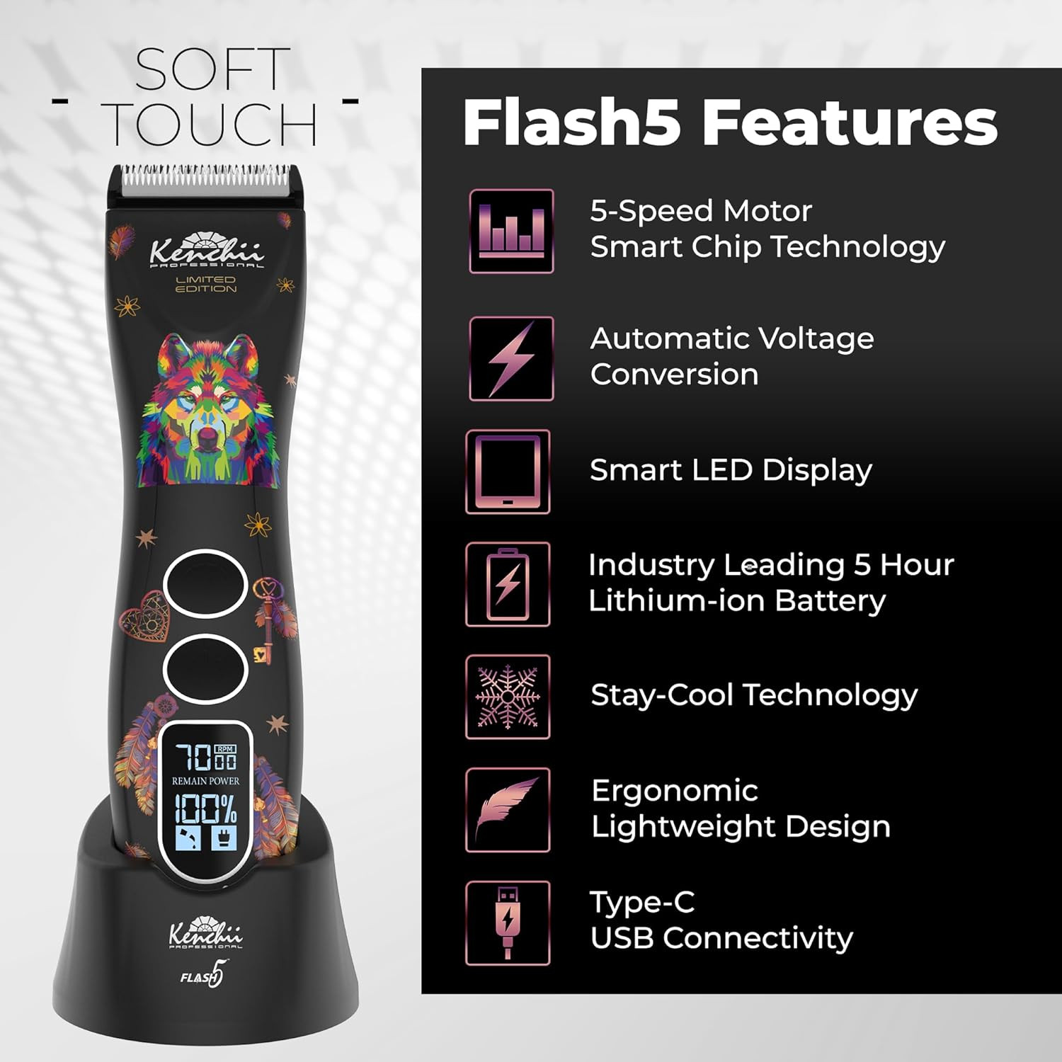 Flash 5 Wolf Limited Edition – 5-In-1 Digital Cordless Clipper – Precision Pet G