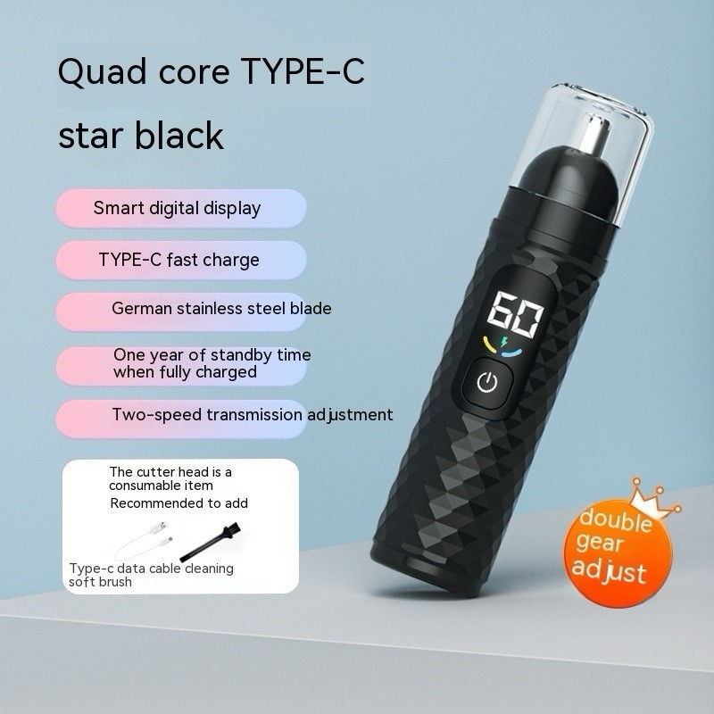 Nose & Ear Hair Trimmer, USB-C Rechargeable, LED Display, Black/White