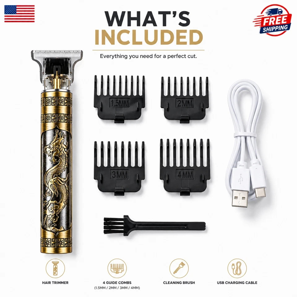 Vintage T9 Hair Trimmer Dragon Beard Clippers Cordless USB Rechargeable Men